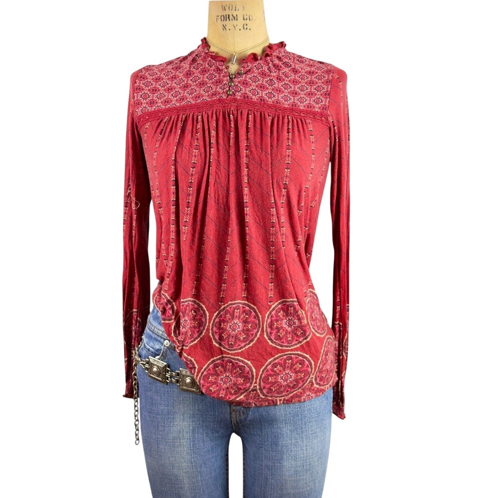Western Boho Medallion Peasant Top Long Sleeve High Ruffle Neck Rustic Size S
